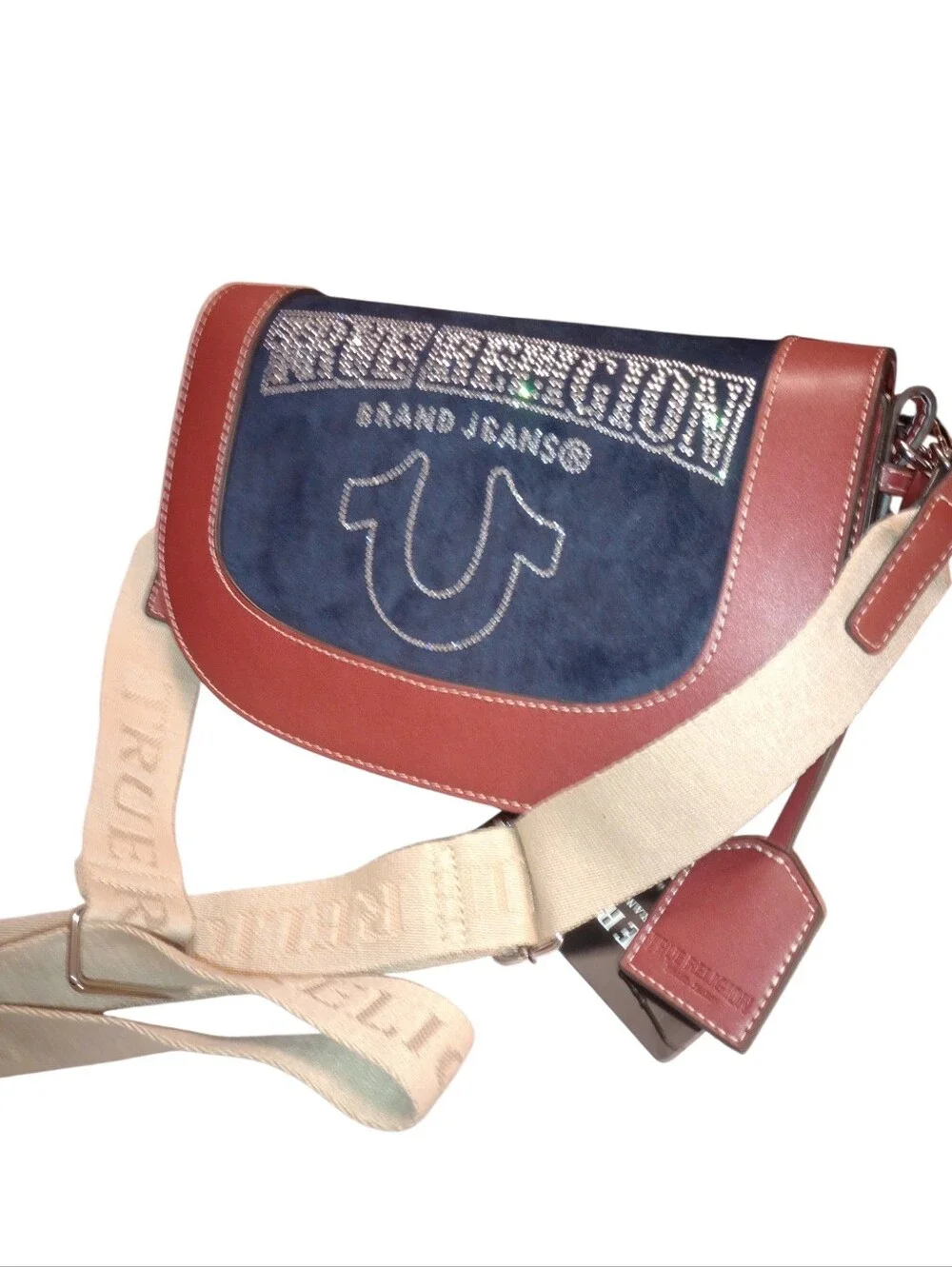 True Religion Navy Suede and Red Leather Crossbody with Beige Strap, NWT